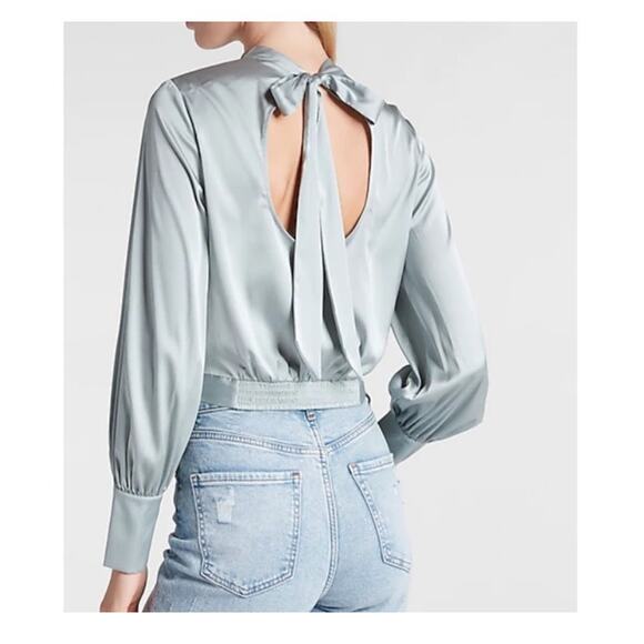 Express Tops - Express Mock Neck Cut Out Back Long Sleeve Satin Blouse Shirt Silver Women’s XL
